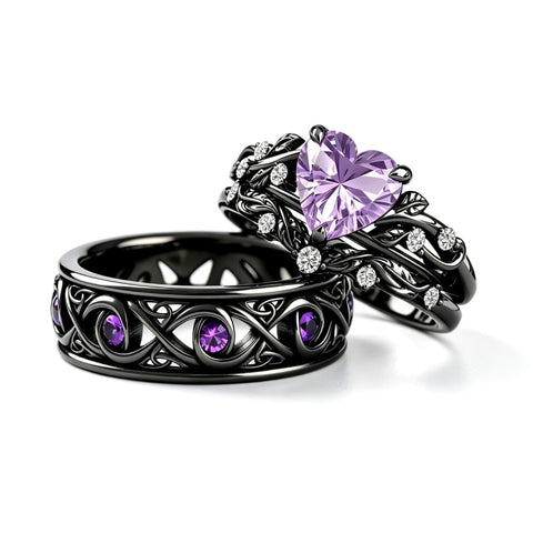 Sterling Silver 10K 14K 18K Gold Purple Gemstone Amethyst  Rings Set Couple Promise Rings Wedding Anniversary Rings