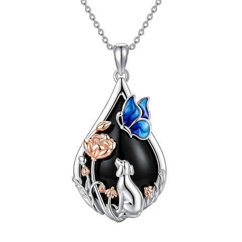 Sterling Silver Obsidian Bunny Cat Elephant Dog Fox Teardrop Pendant Necklace