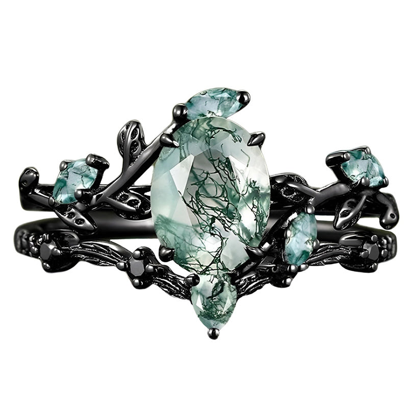 Sterling Silver 10K 14K 18K Gold Vintage Nature Moss Agate Engagement Ring Sets for Women