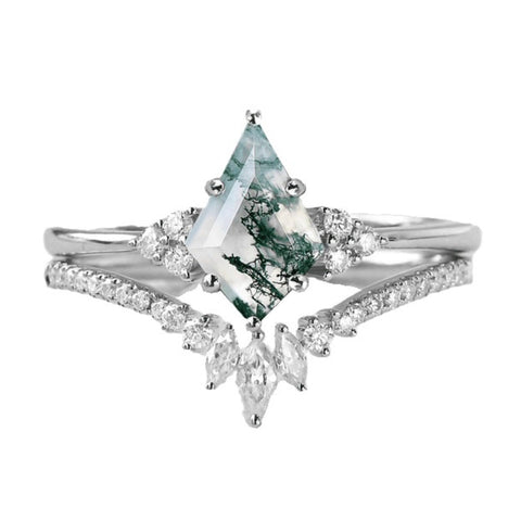 Sterling Silver 10K 14K 18K Gold Personalize Engraved Moss Agate Engagement Rings for Women