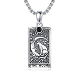 Sterling Silver Obsidian Lover Justice Cat Sun Moon Tarot Card Pendant Necklace