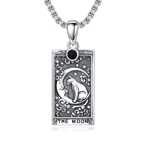 Sterling Silver Obsidian Lover Justice Cat Sun Moon Tarot Card Pendant Necklace