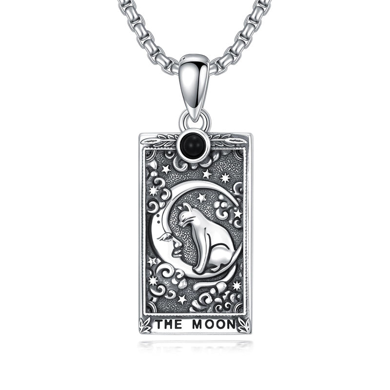 Sterling Silver Obsidian Lover Justice Cat Sun Moon Tarot Card Pendant Necklace