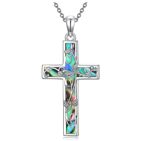 Sterling Silver Abalone Shell Bee Butterfly Dragonfly  Hummingbird Ladybug Cross Pendant Necklace for Women