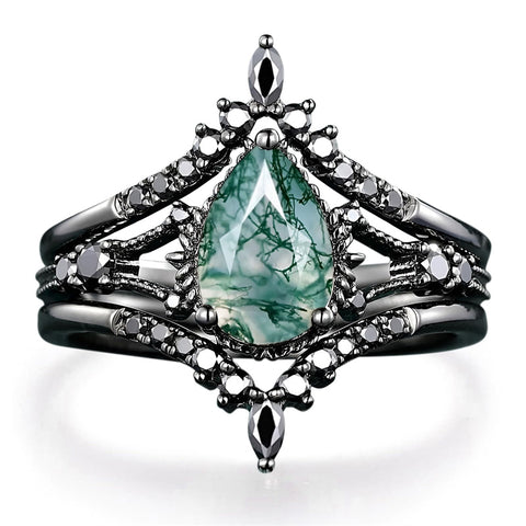 Sterling Silver 10K 14K 18K Gold 2CT Moss Agate Vine Leaf Women's Bridal Ring Sets for Wedding Engagement