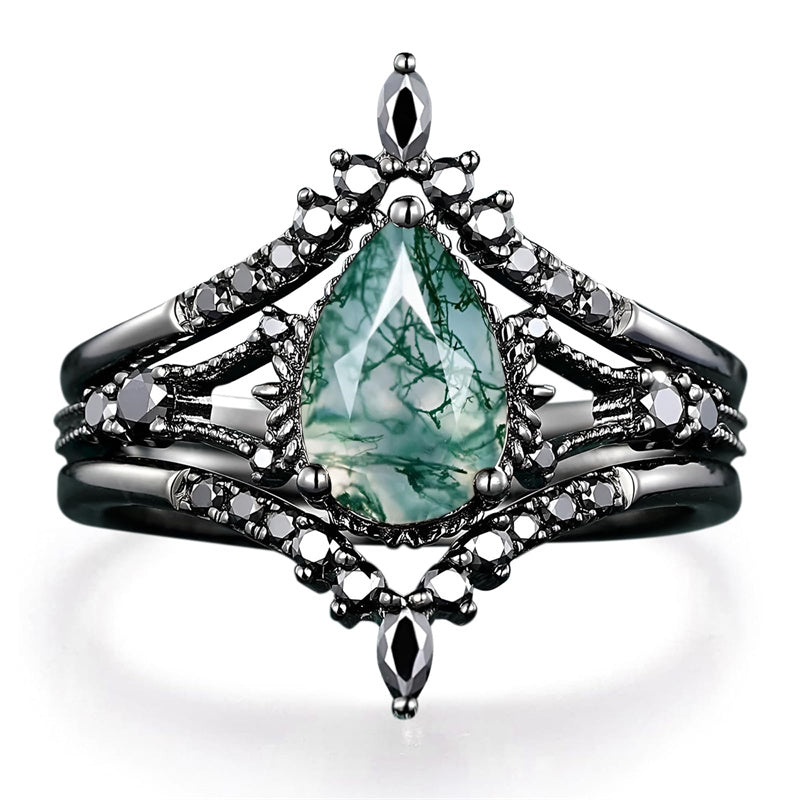 Sterling Silver 10K 14K 18K Gold 2CT Moss Agate Vine Leaf Women's Bridal Ring Sets for Wedding Engagement