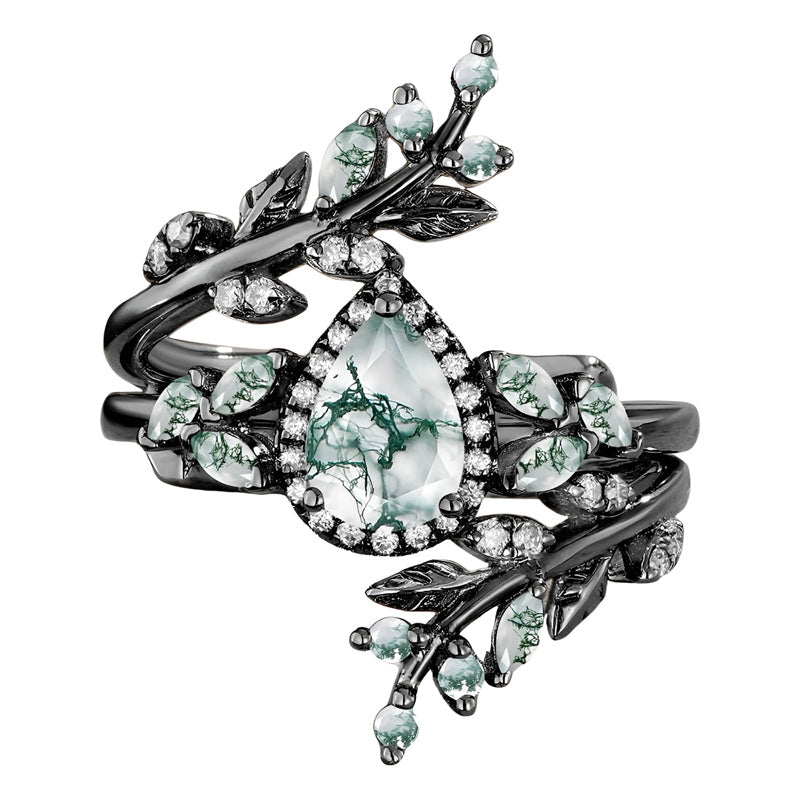 Sterling Silver 10K 14K 18K Gold 2CT Moss Agate Vine Leaf Women's Bridal Ring Sets for Wedding Engagement