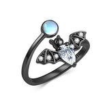 Bat Ring 925 Sterling Silver Bat Moonstone/Natural Black Rutilated Ring Gothic Halloween Jewelry Gifts for Women