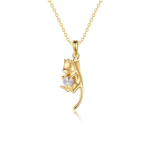 14K Gold Pearl Cat Pendant Necklace