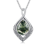 Sterling Silver Moss Agate Celtic Knot Rose Claddagh Filigree Pendant Necklace