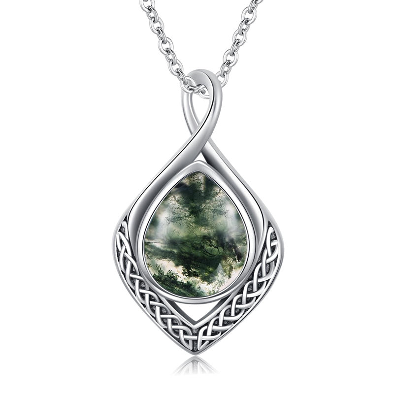 Sterling Silver Moss Agate Celtic Knot Rose Claddagh Filigree Pendant Necklace