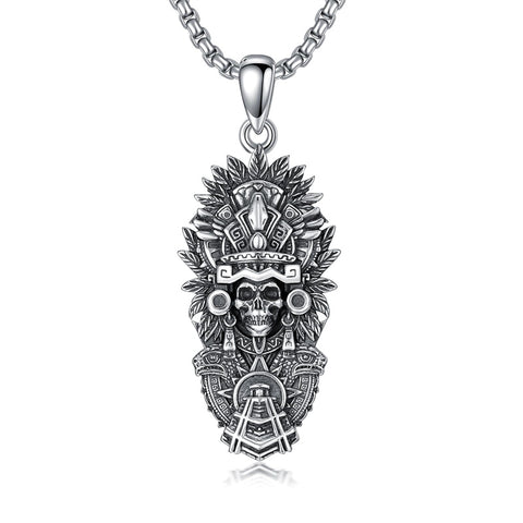 Sterling Silver Mictlantecuhtli Quetzalcoatl Tezcatlipoca Skull Pendant Necklace Aztec Jewelry