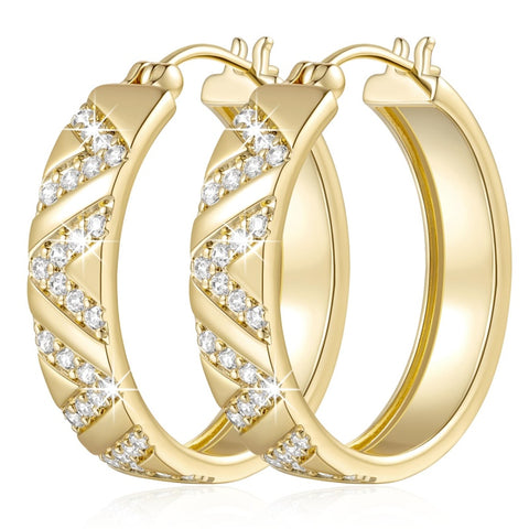 14K Gold Plated V-Shaped Cubic Zirconia Hoop Earrings for Women
