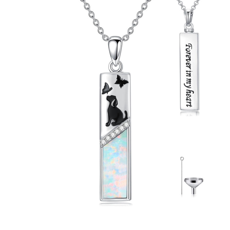 Sterling Silver  Opal Personalized Engraved Bar Pet  Butterfly Dragonfly Tree of Life  Urn Necklace for Ashes