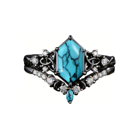 Sterling Silver 10K 14K 18K Gold Turquoise Engagement  Wedding Ring Set for Women