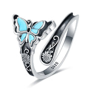 Sterling Silver Turquoise Vintage Adjustable Sunflower Dragonfly Butterfly Feather Tree of Life Spoon Ring