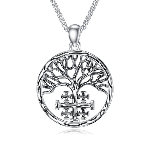 Sterling Silver Jerusalem Tree of Life Cross Religious Pendant Necklace