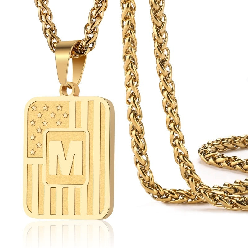 14K Gold Plated  American Flag Initial A-Z Pendant Necklace for Men