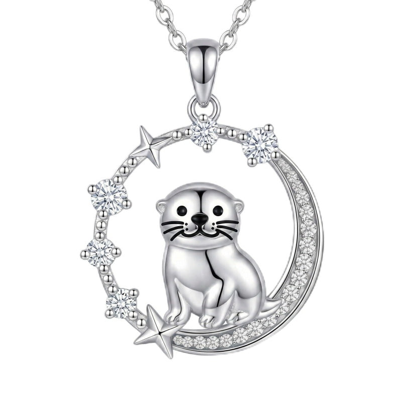 Sterling Silver Cubic Zirconia Raccoon Cat Dog Corgi Otter Highland Cow Pendant Necklace Gift for Birthday Christmas