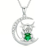 Sterling Silver Round Heart Birthstone Highland Cow Pendant Necklace Fluffy Cow Jewelry Gifts Birthday Christmas