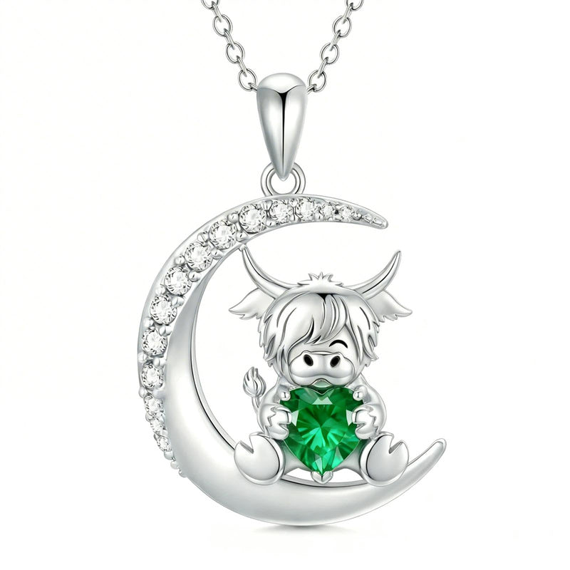 Sterling Silver Round Heart Birthstone Highland Cow Pendant Necklace Fluffy Cow Jewelry Gifts Birthday Christmas