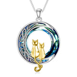 Cat Necklace Sterling Silver Cat on the Moon Pendant Necklace with Blue Circle Crystal Birthday Celtic Jewelry