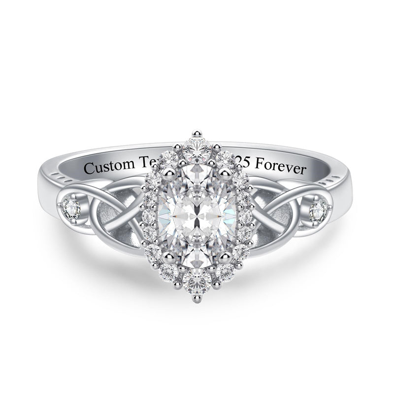 Sterling Silver 10K 14K 18K Gold  Personalized Engraved Moissanite Celtic Knot Wedding Engagement Ring
