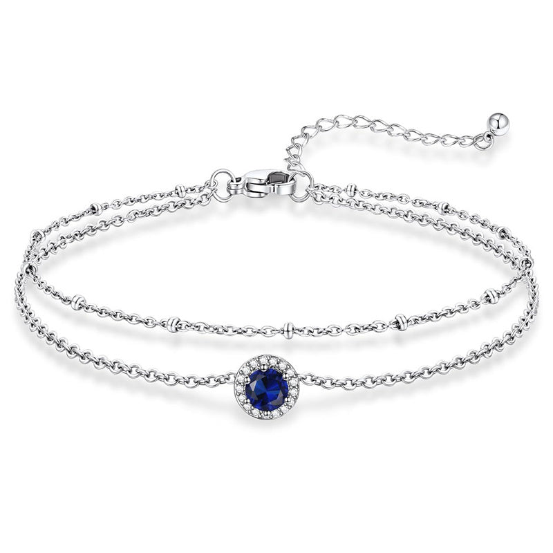 Sterling Silver Birthstone Double Layer Anklet for Beach Weddings, Summer Vacations & Pool Parties