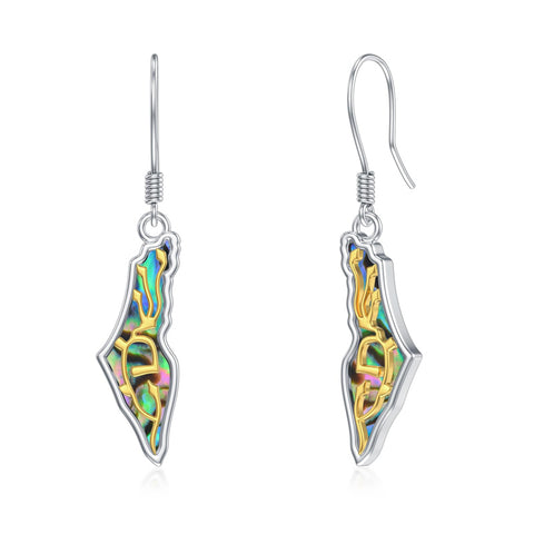 Sterling Silver Abalone  Israel Map Drop Earrings