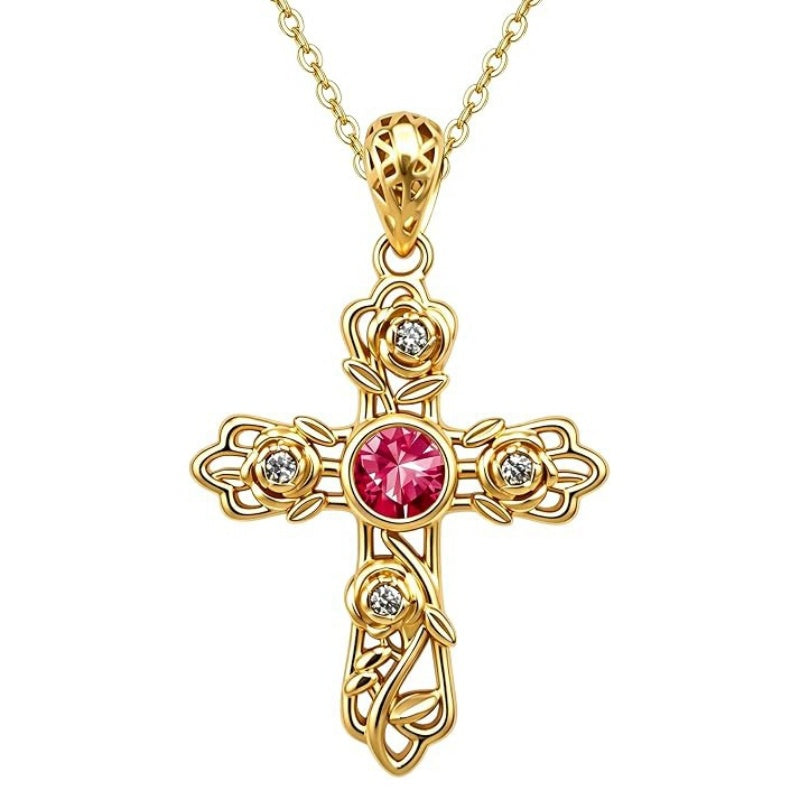 14K Gold Plated Round Cubic Zirconia Filigree Rose Cross Necklace for Women