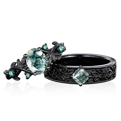 Sterling Silver 10K 14K 18K Gold Natural Leaf  Moss Agate Engagement Anniversary Couple Ring Sets