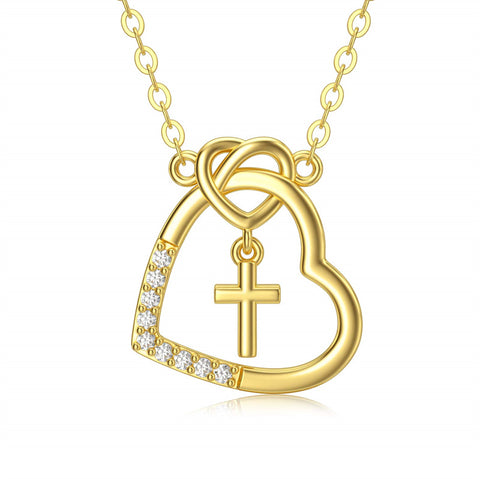 14K l Gold Heart Cubic Zirconia Cross Heart Pendant Necklace
