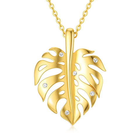 14k Heart Pendant Necklace for Women Real Gold Monstera Pendant Gift for Mother Day Valentine Christmas