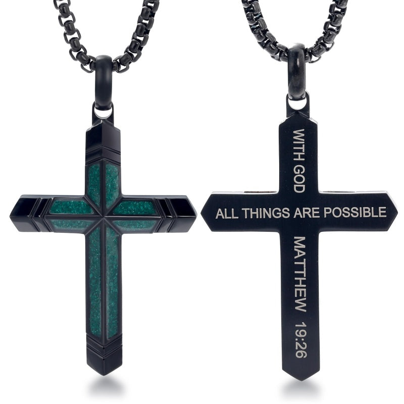 14K Gold Plated Turquoise Malachite Cross Necklace for Men Christianity Cross Jewelry