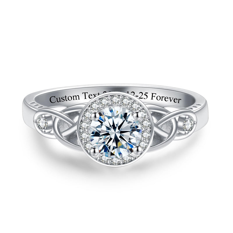 Sterling Silver 10K 14K 18K Gold  Personalized Engraved Moissanite Celtic Knot Wedding Engagement Ring
