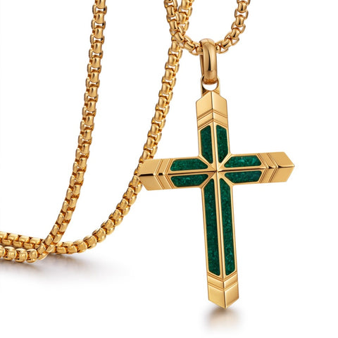 14K Gold Plated Turquoise Malachite Cross Necklace for Men Christianity Cross Jewelry