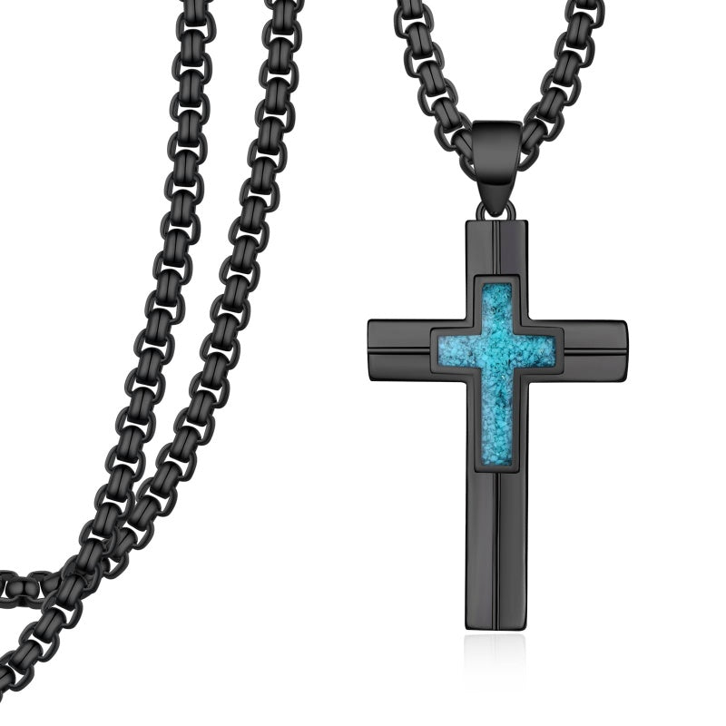 14K Gold Plated Turquoise Malachite Abalone Shell Cross Pendant Necklace for Men