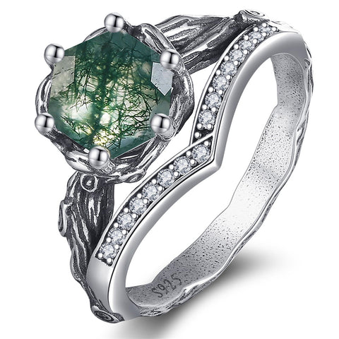 Sterling Silver Moss Agate Moonstone Branch Engagement Wedding Promise Ring  for Her