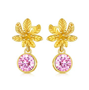 14k Solid Gold Flower Earrings 5a Pink Purple Cubic Zirconia Gold Earrings for Women Dangle Stud Women Earrings