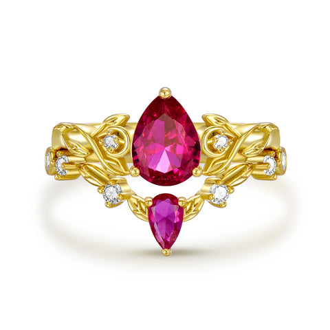 Sterling Silver 10K 14K 18K Gold Pear Cut Gemstone Leaf  Engagement Ring Set