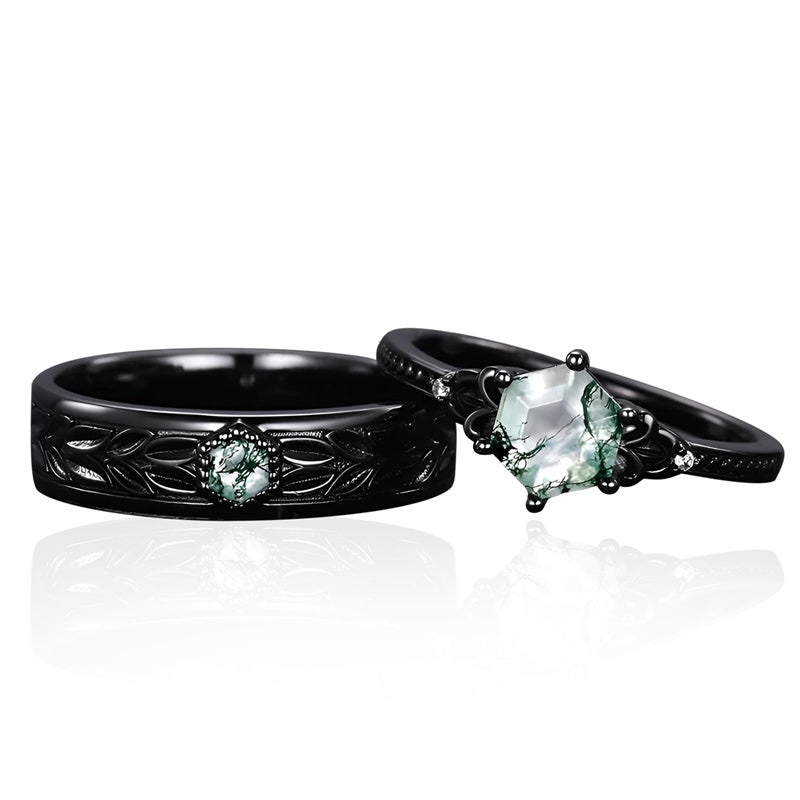 Sterling Silver 10K 14K 18K Gold Natural Leaf  Moss Agate Engagement Anniversary Couple Ring Sets