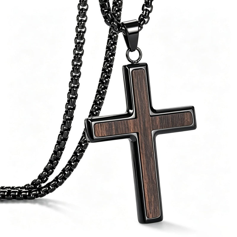 14K Gold Plated Wooden Cross Necklace for Men with Stainless Steel Adjustable Chain
