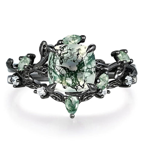 Sterling Silver 10K 14K 18K Gold 2CT Moss Agate Vine Leaf Women's Bridal Ring Sets for Wedding Engagement