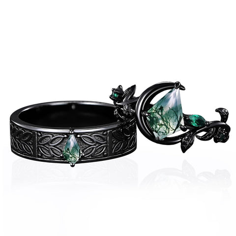 Sterling Silver 10K 14K 18K Gold Natural Leaf  Moss Agate Engagement Anniversary Couple Ring Sets