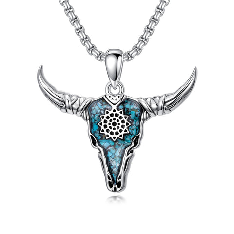 Sterling Silver Turquoise Cow Skull Pendant Necklace