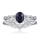 Sterling Silver 10K 14K 18K Gold  Oval Cut Unique Vine Gemstone Wedding Ring Set