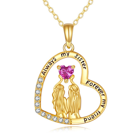 14K Solid Yellow Gold Sister Necklace for Women Love Heart Friendship Pendant Jewelry Gifts for Sister