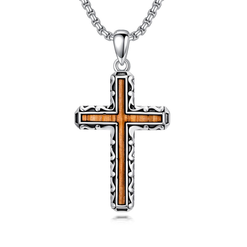 Sterling Silver Wooden Cross Pendant Necklace
