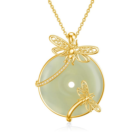 14K Gold Plated Natural Jade Hummingbird Cat Dragonfly Butterfly Bee Pendant Necklace for Women