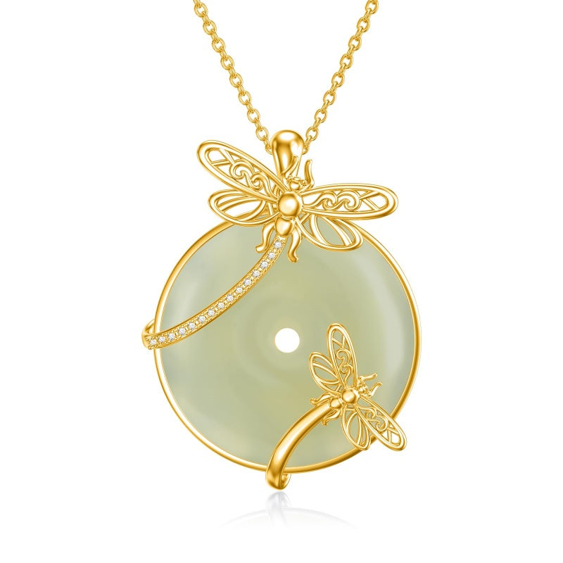 14K Gold Plated Natural Jade Hummingbird Cat Dragonfly Butterfly Bee Pendant Necklace for Women
